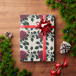 Papel De Presente Rosas Carmesim Lustrosas Com Folhas Verde-Escuras