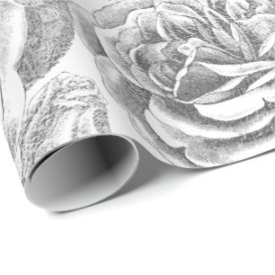 Papel De Presente Rosas Cinza Prata Vintage Delicado Branco