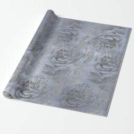 Papel De Presente Rosas Cinzas Prateadas Veludo Azul Pastel Azul Flo