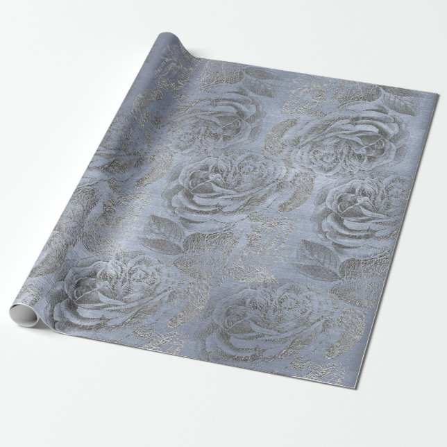 Papel De Presente Rosas Cinzas Prateadas Veludo Azul Pastel Azul Flo (Desenrolado)