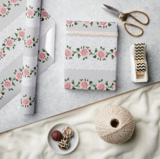 Papel De Presente Rosas Cor-de-Rosa E Renda De Casamento