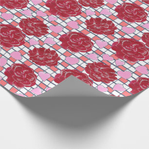 Papel De Presente Rosas, Corações no Padrão de Xadrez