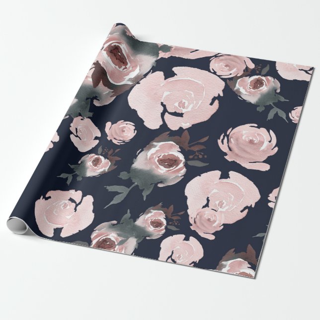 Papel De Presente Rosas de aquarela cor rosa Marinho escuro Parte Fl (Desenrolado)