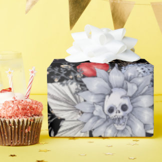 Papel De Presente Rosas de crânio Elegante Preto prateado