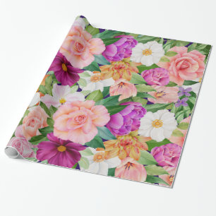Papel De Presente Rosas de Jardim Floral de Aquarela Cosmos Colorido