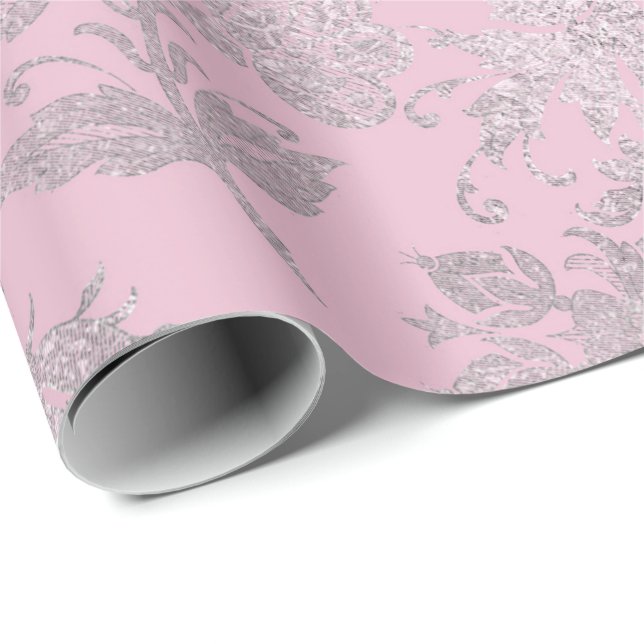 Papel De Presente Rosas de prata rosa da Princesa Real Brilhantes (Ponta do rolo)