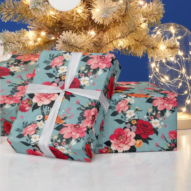 Papel De Presente Rosas de vindima e Florais num Fundo Azul (Feriados)