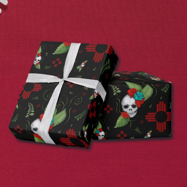 Papel De Presente Rosas do crânio Zia Sun Greenery Black Novo México (Criador carregado)