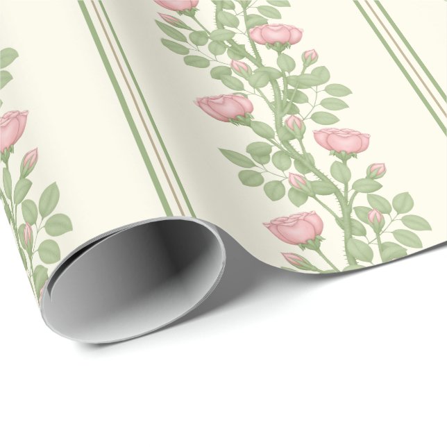Papel De Presente Rosas e faixas cor-de-rosa em creme (Ponta do rolo)
