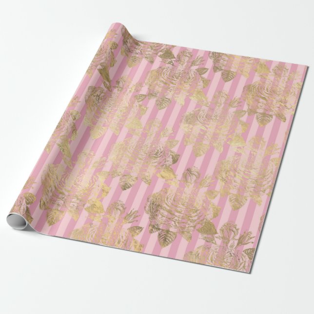 Papel De Presente Rosas e Listras em Folha Dourada e Rosa de Paris (Desenrolado)