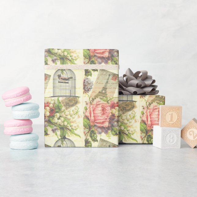 Papel De Presente Rosas e pássaros em jaulas (Chá de bebê)