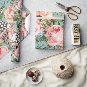 Papel De Presente Rosas E Relógios Quimicos Modernos Azul