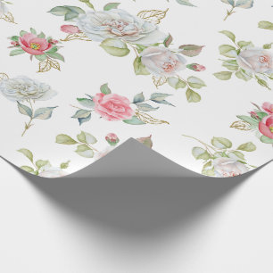 Papel De Presente Rosas Elegantes com Folhas Douradas Gravadas