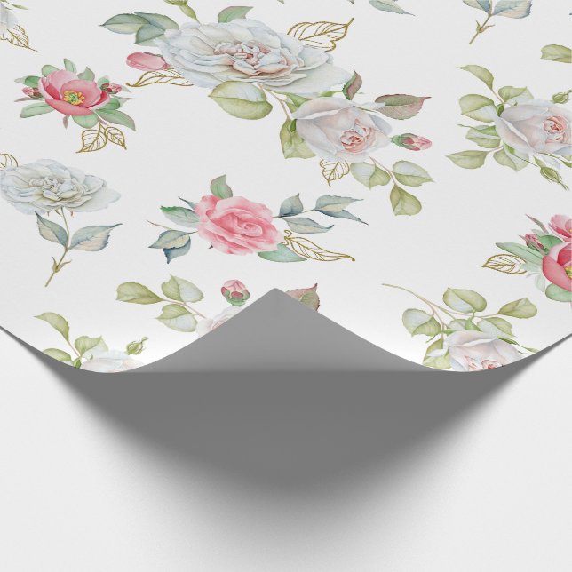 Papel De Presente Rosas Elegantes com Folhas Douradas Gravadas (Ponta)