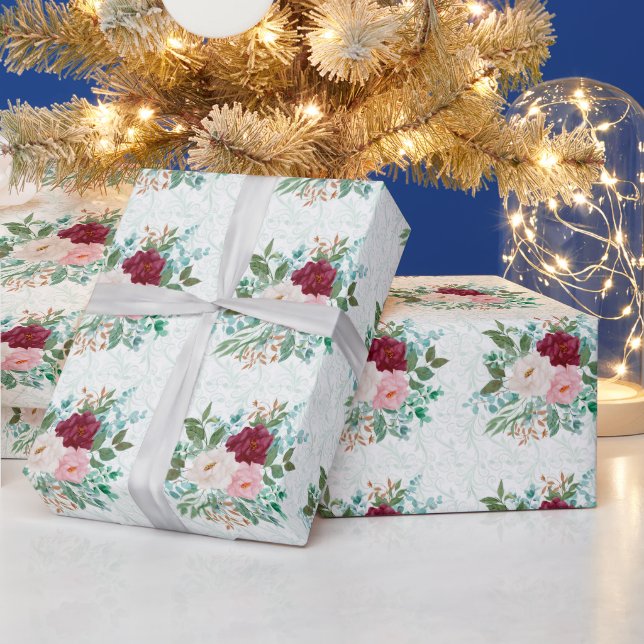 Papel De Presente Rosas Elegantes & Hortelã  (Feriados)