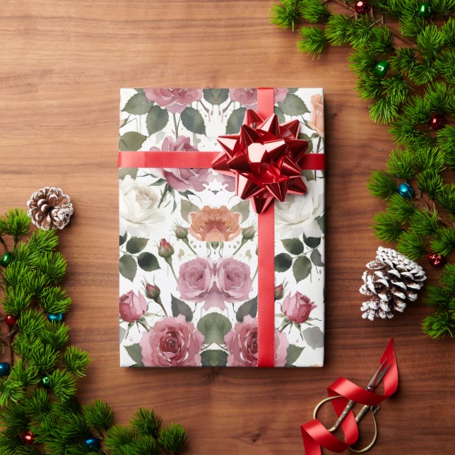 Papel De Presente Rosas em Aquarela com um Brilho Suave e Romântico (Presente de Natal)