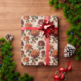 Papel De Presente Rosas em Estilo Rústico em Tons de Laranja e Verme