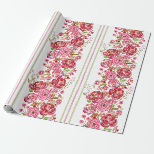 Papel De Presente Rosas em Florais de &Vintagem Brancos e Faixa Clás