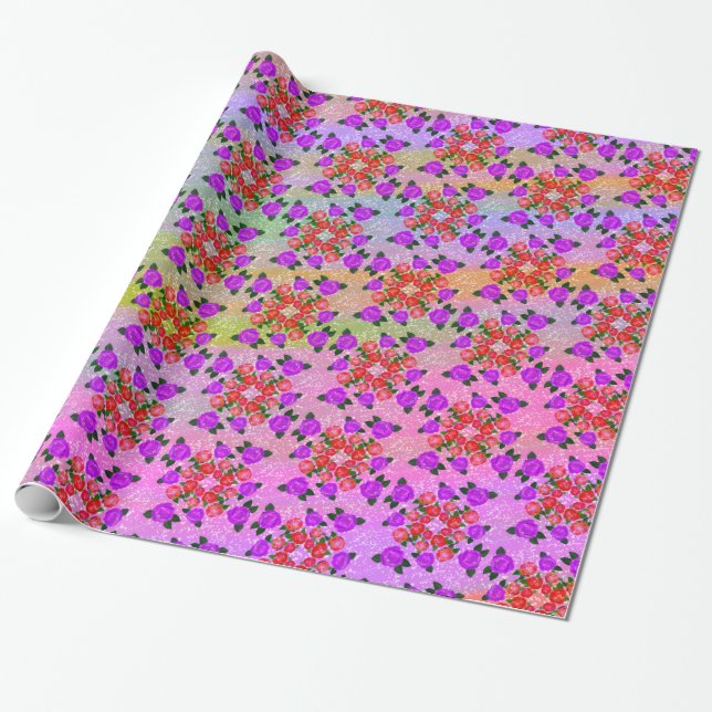 Papel De Presente Rosas em roxo, rosa e cinzas (Desenrolado)