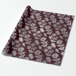 Papel De Presente Rosas Florais de Prata Real Maroon Burgundy Brilha