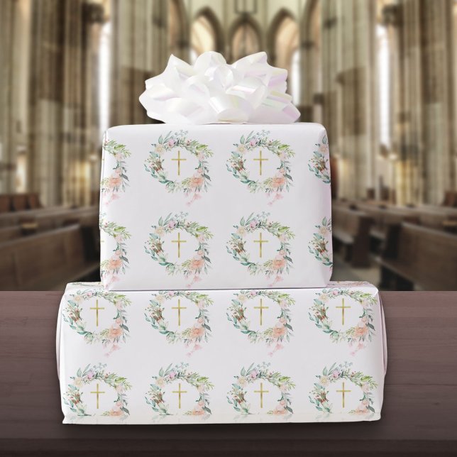 Papel De Presente Rosas Floral Garland Christian Dourado Cross (Roses Floral Garland Christian Gold Cross Wrapping Paper)