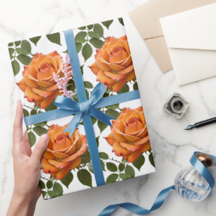 Papel De Presente Rosas Laranja Brilhante Com Folhas Verdes