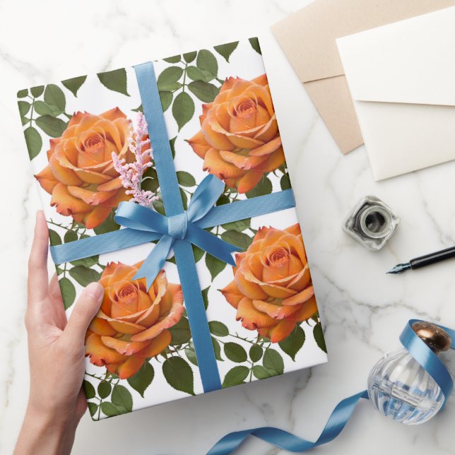 Papel De Presente Rosas Laranja Brilhante Com Folhas Verdes (Presentear)