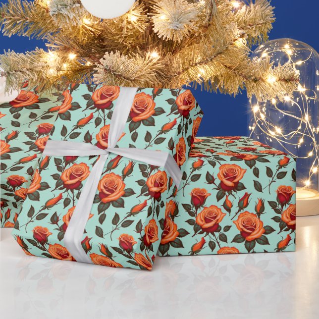 Papel De Presente Rosas Laranja e Vermelhas Vibrantes (Feriados)