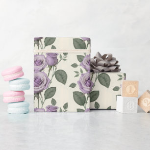 Papel De Presente Rosas Lavanda Com Folhas Prateadas E Verdes 