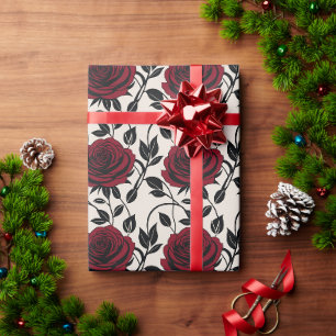 Papel De Presente Rosas Minimalistas em Preto e Vermelho Escuro em u
