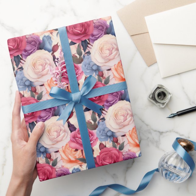 Papel De Presente Rosas mistos românticos Padrão de Buquê flexível (Presentear)