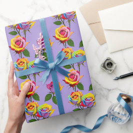 Papel De Presente Rosas Multicoloridas Brilhantes em Tons de Arco-Ír