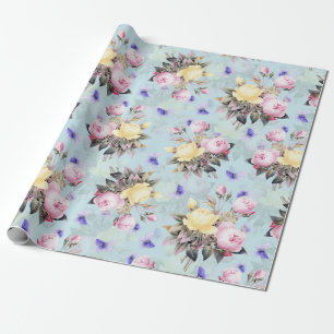 Papel De Presente Rosas Nostálgicos Antigos Redouté Azul Padrão