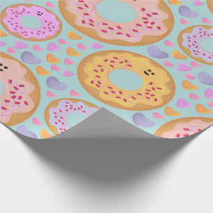 Papel De Presente Rosas Passados Donuts e Padrão de Corações