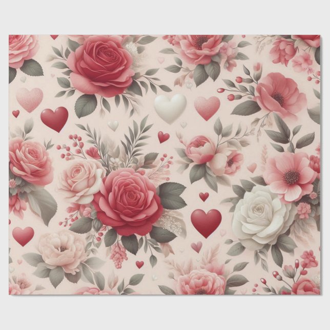 Papel De Presente rosas, peônias e forma cardíaca (Aberto)