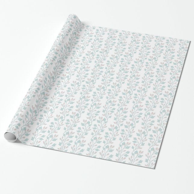 Papel De Presente Rosas Pink e Azuis Flores Folhas em Branco (Desenrolado)