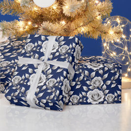 Papel De Presente Rosas Prateadas E Brancas