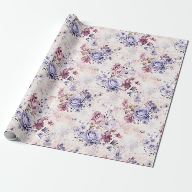 Papel De Presente Rosas Românticos de Aquarela Roxo (Desenrolado)