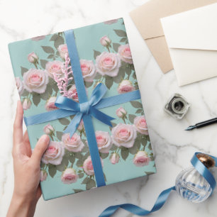 Papel De Presente Rosas Rosa Bebê Com Folhas Verde Salvia