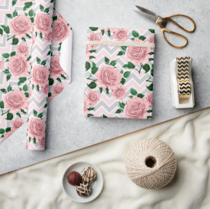 Papel De Presente Rosas Rosa Chevron