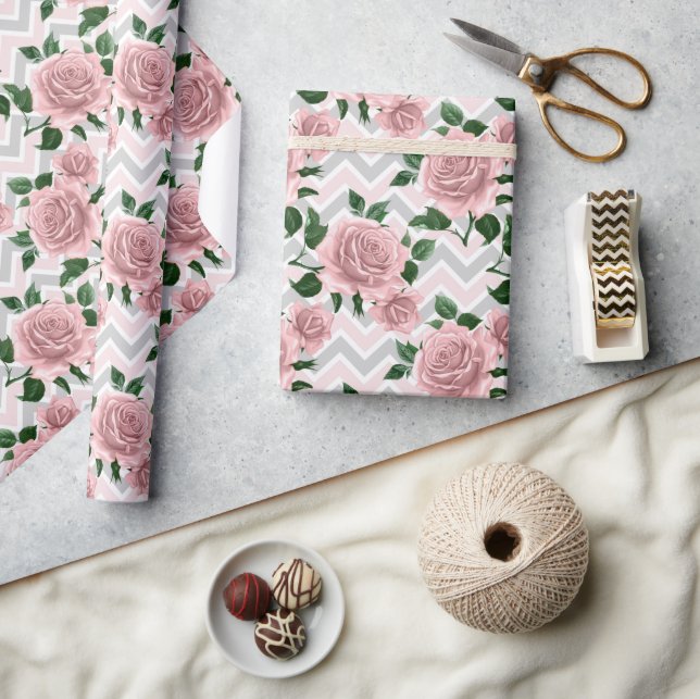 Papel De Presente Rosas Rosa Chevron (Artesanato)