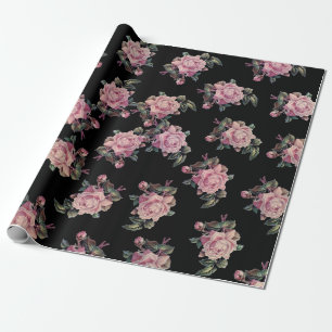 Papel De Presente Rosas Rosa, Chique de Padrão Floral Escuro