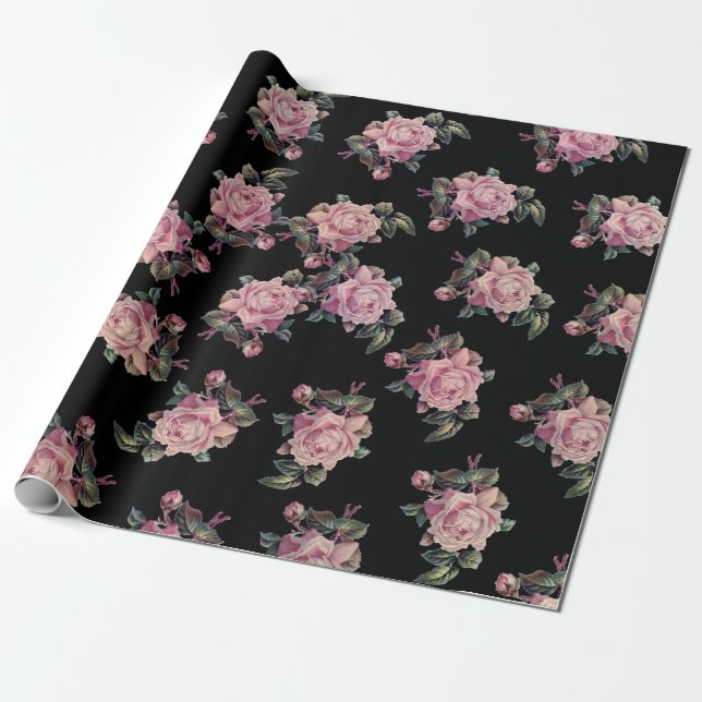 Papel De Presente Rosas Rosa, Chique de Padrão Floral Escuro (Desenrolado)