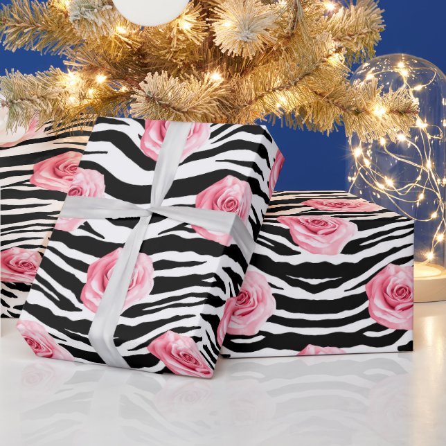 Papel De Presente Rosas rosa-Chique Elegantes e faixas de Zeba (Feriados)