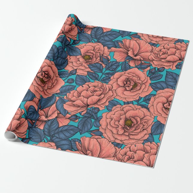 Papel De Presente Rosas rosa com folhas azuis (Desenrolado)