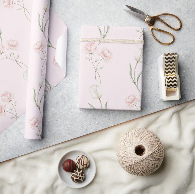 Papel De Presente Rosas Rosa e Tulipas Brancas Chá de Noiva (Artesanato)