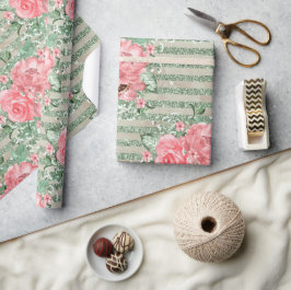 Papel De Presente Rosas Rosa em Aquarela em Listras de Brilho Verde