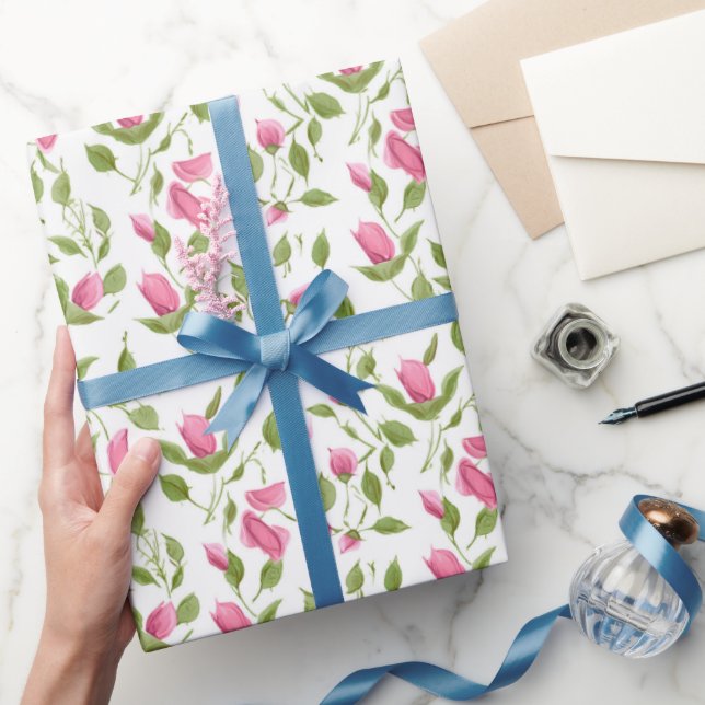 Papel De Presente Rosas Rosa Em Branco (Presentear)