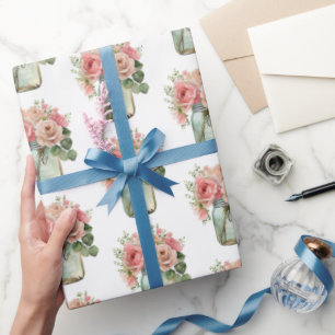 Papel De Presente Rosas Rosa Floral Mason Jar