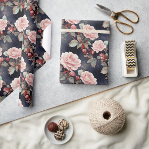 Papel De Presente Rosas Rosa no Céu Mágico da Noite
